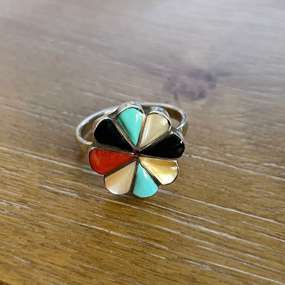 Native American Sterling Silver Size 6.5 Inlaid Turquoise Coral Onyx Ring Tested